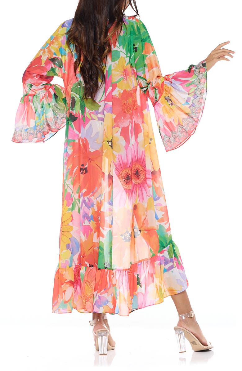 RANEES Floral Print Ruffle Sleeve Duster, Alternate, color, Orange