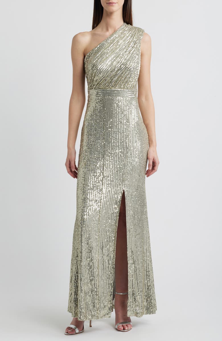 Vince Camuto Sequin One-Shoulder Sheath Gown, Main, color, Pewter