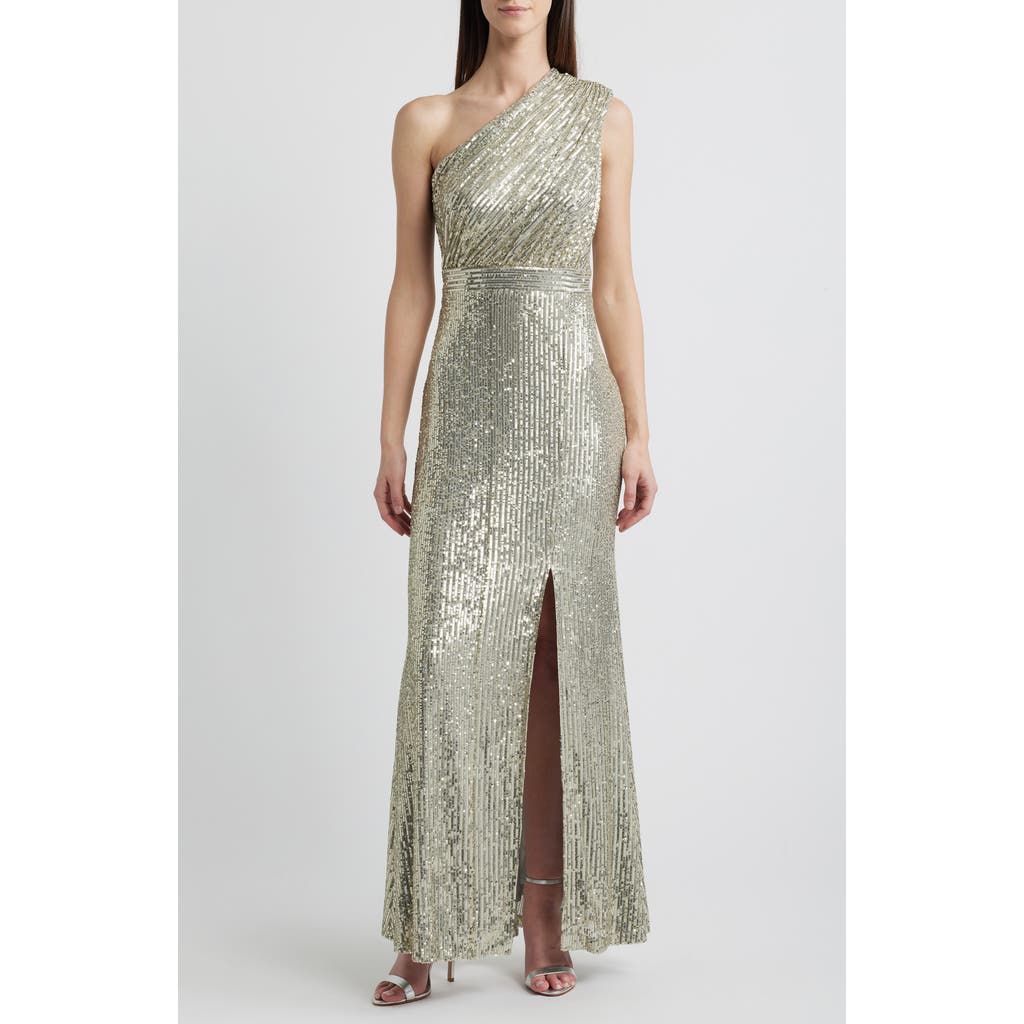 Vince Camuto Sequin One-shoulder Sheath Gown In Pewter