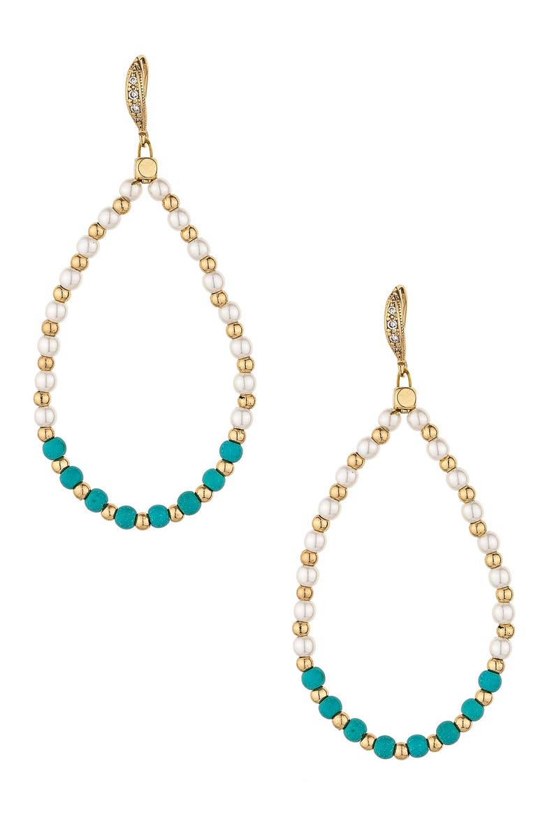 Imitation Pearl & Turquoise Beaded Teardrop Earrings, Main, color, GOLD