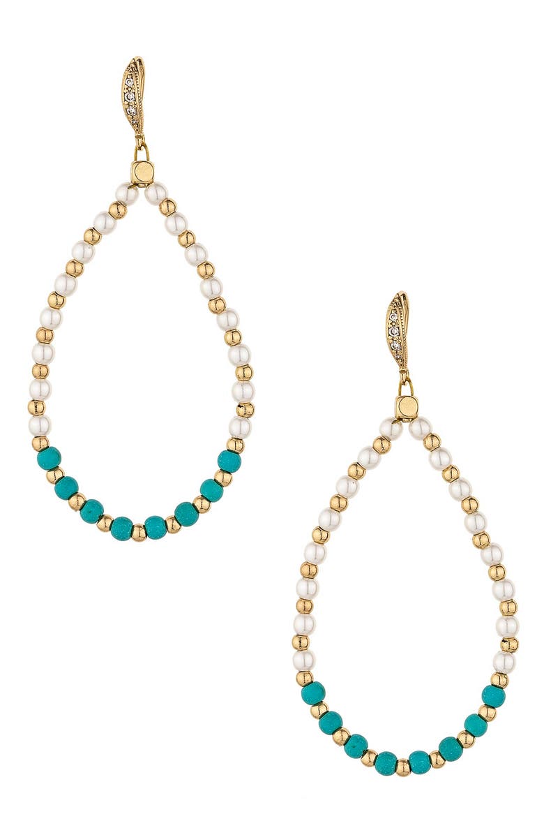 Ettika Imitation Pearl & Turquoise Beaded Teardrop Earrings, Main, color, Gold