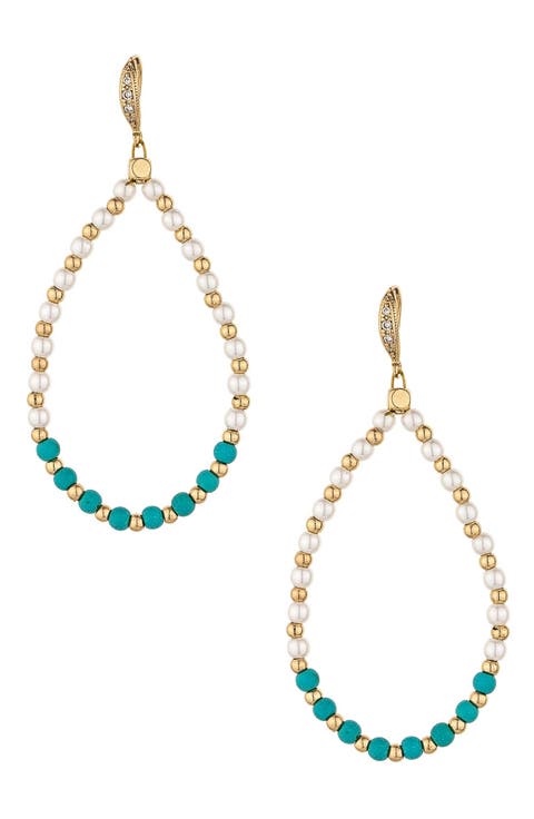 Imitation Pearl & Turquoise Beaded Teardrop Earrings