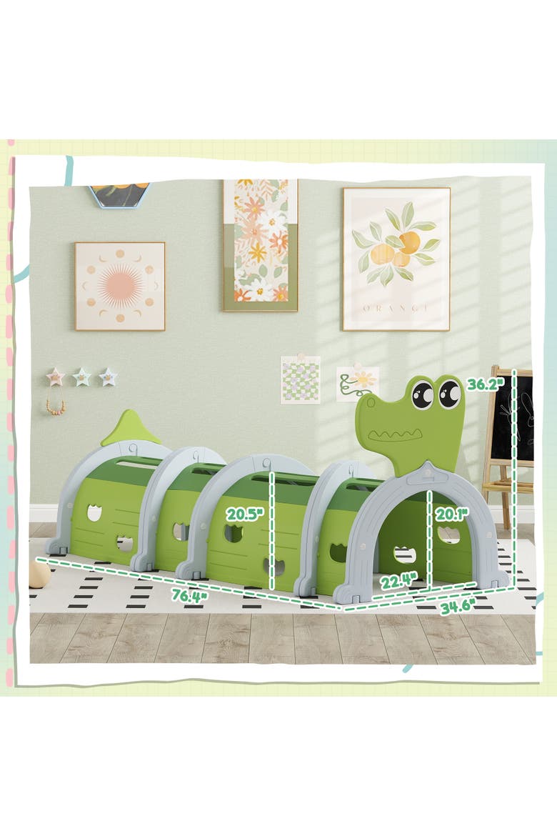 Kids Play Tunnel with Crocodile Design, Indoor/Outdoor, Alternate, color, Green