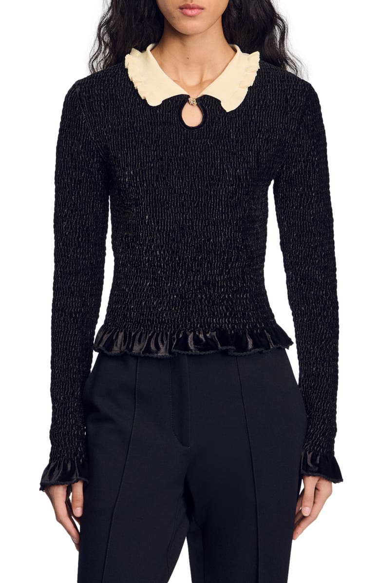 SANDRO Smocked top with contrasting neck, Alternate, color, 