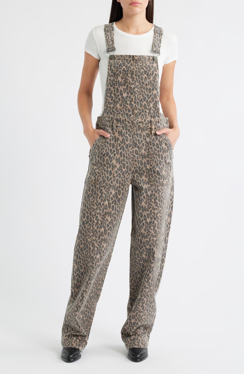HIDDEN JEANS Cheetah Print Baggy Overalls, Main, color, Khaki