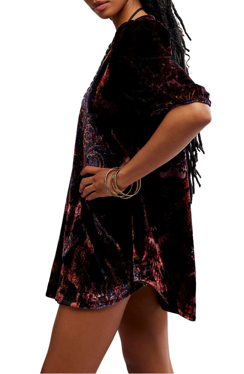 Free People Maye Print Puff Sleeve Velvet Tunic Top, Alternate, color, Dark Black Combo