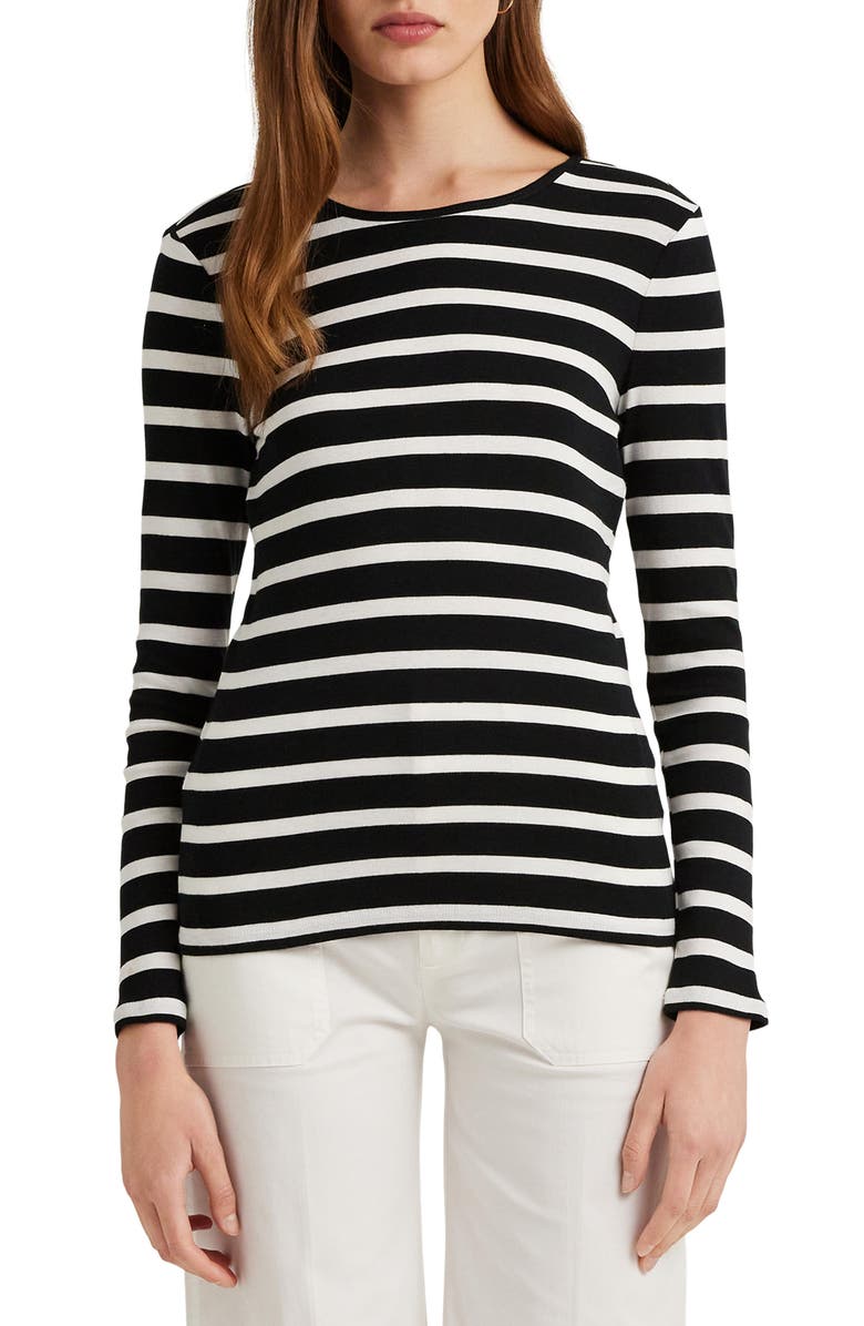 Lauren Ralph Lauren Stripe Cotton Long Sleeve Tee, Main, color, Blk/Wht