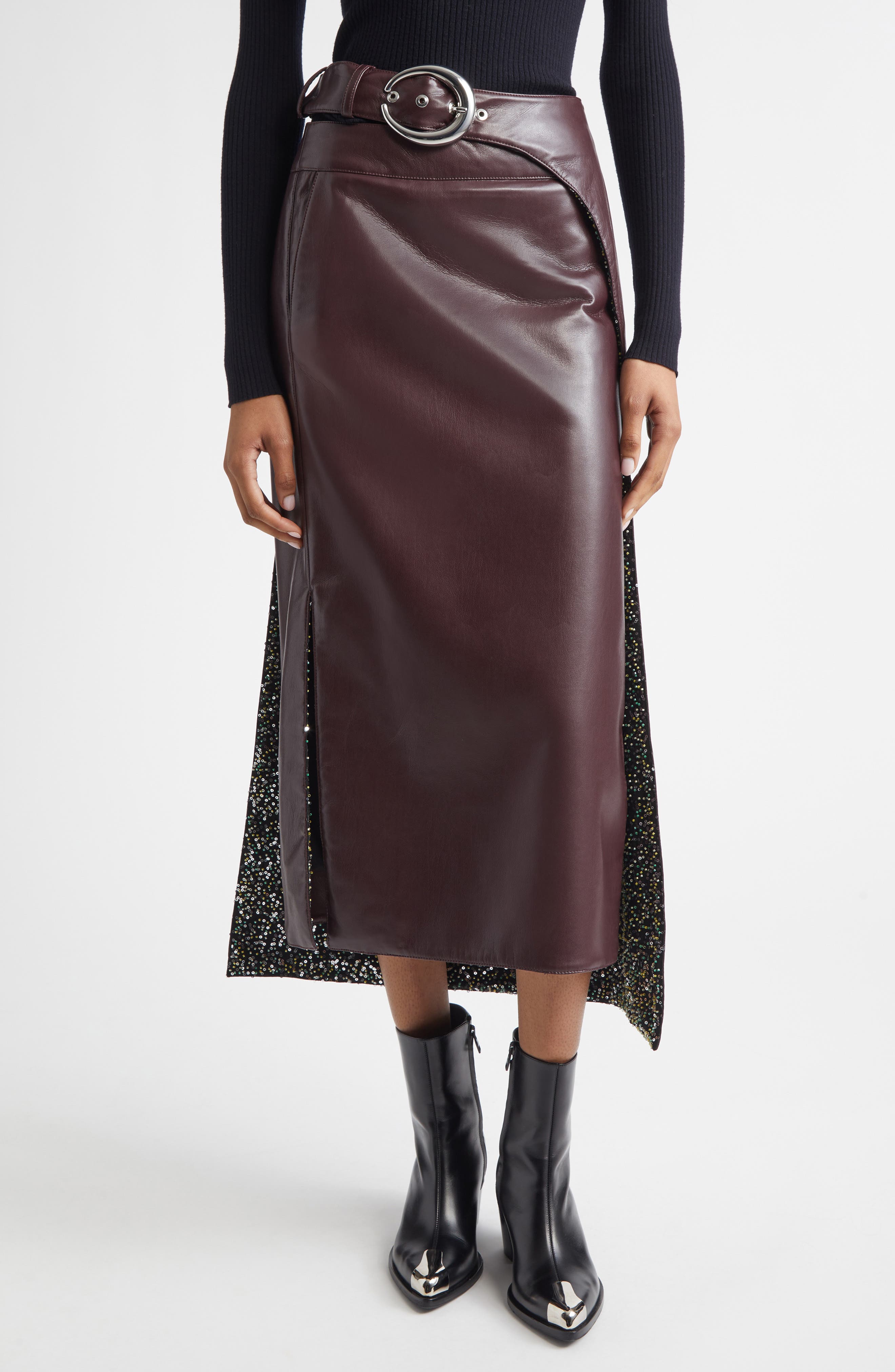Beaded Lining Faux Leather Layered Skirt
