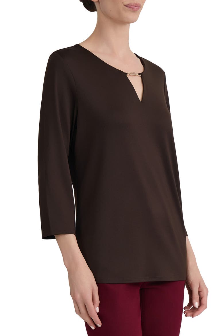 Keyhole Three-Quarter Sleeve Crepe Top, Alternate, color, COFFEE BEAN