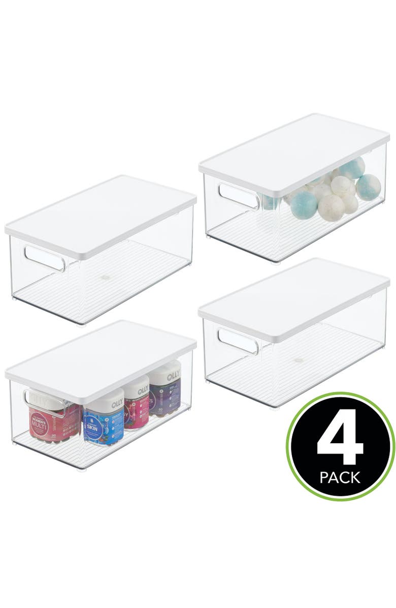 mDesign Plastic Storage Bin Box Container, Lid and Handles, 4 Pack, Clear/White, Alternate, color, Clear White