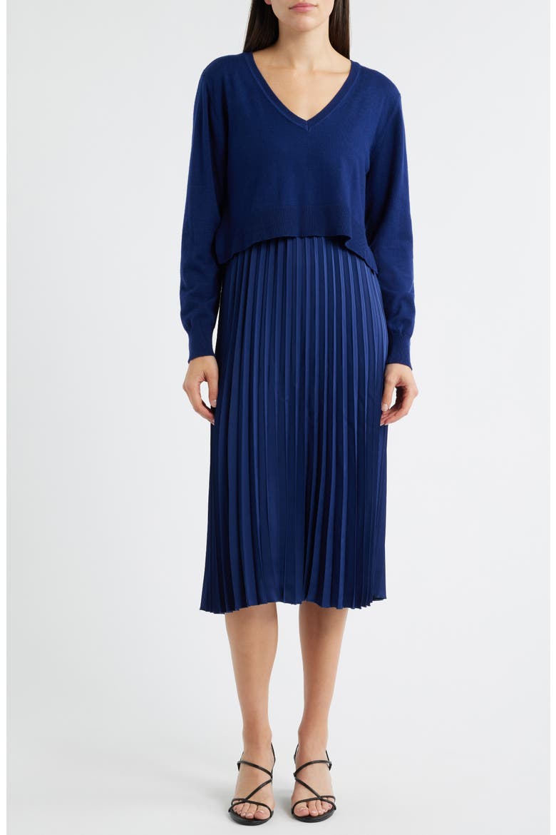 Pleated Slipdress and Sweater Set, Main, color, NAVY