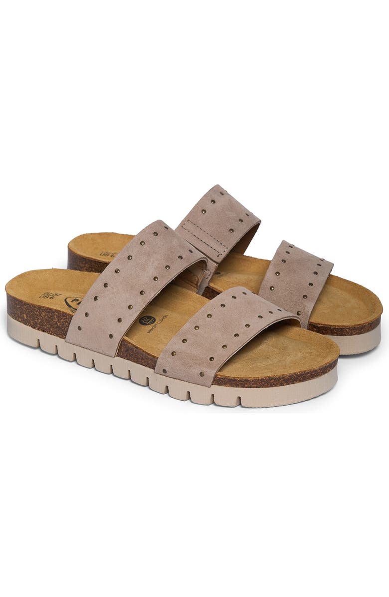 Plakton Brynn Double Strap Slide Sandal, Main, color, Taupe Micro Studded Suede