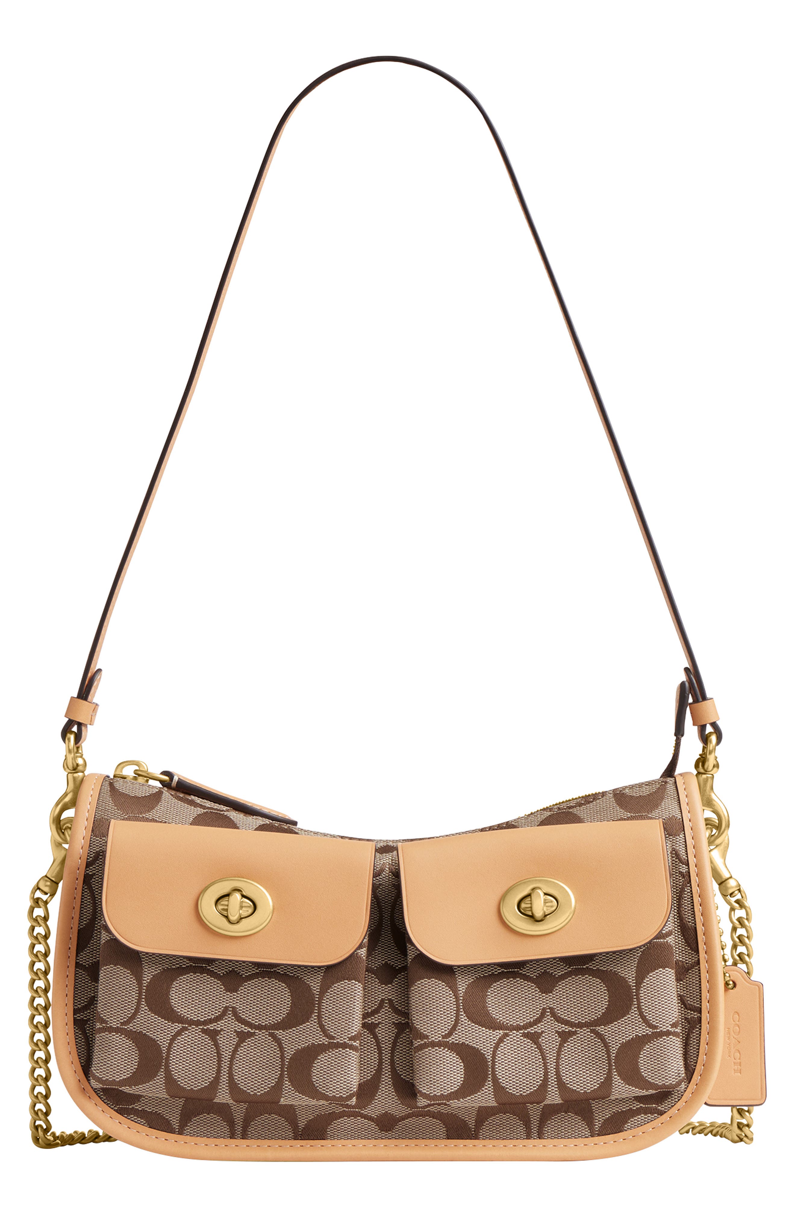COACH Waverly Twin Turnlock Signature Jacquard & Leather Shoulder Bag, Main, color, Khaki Light Peach