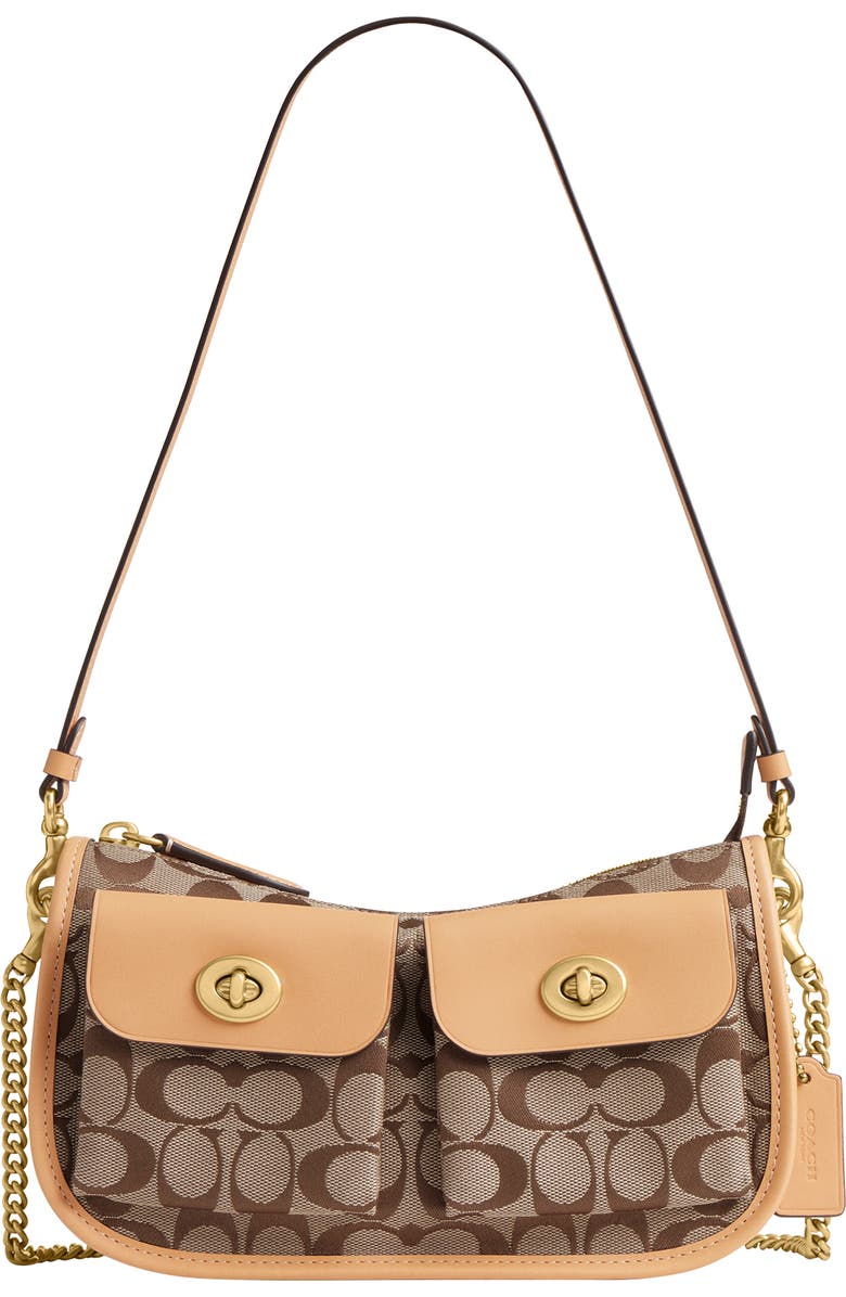 COACH Waverly Twin Turnlock Signature Jacquard & Leather Shoulder Bag, Main, color, Khaki Light Peach