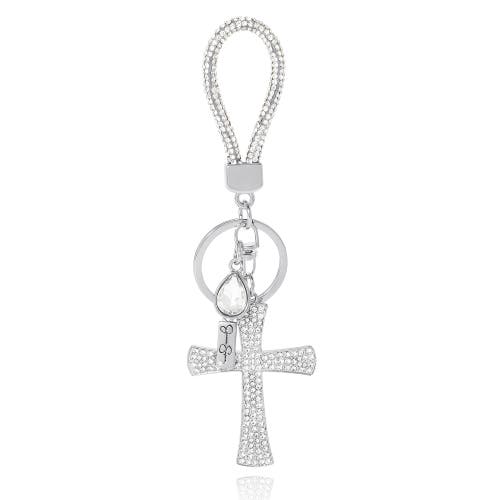 Jessica Simpson Elegant Rhinestone Cross Keychain In Metallic