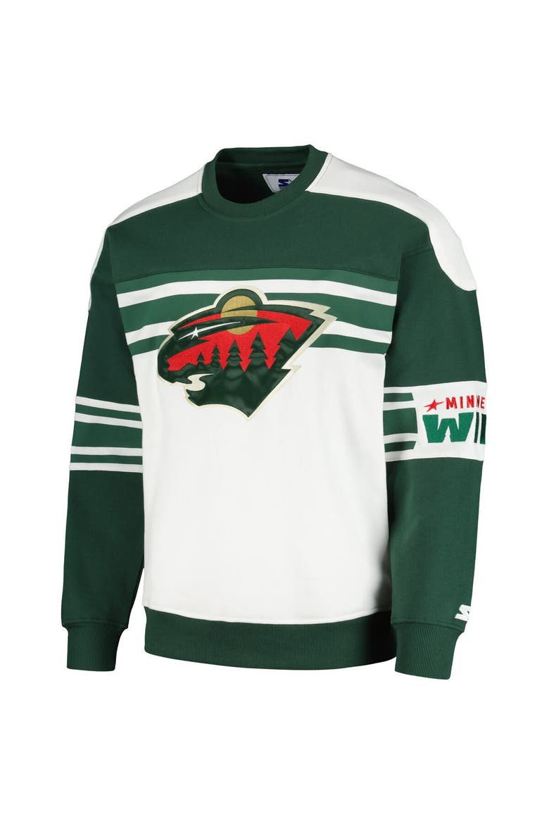 Men's Starter White Minnesota Wild Defense Fleece Crewneck Pullover Sweatshirt, Alternate, color, White