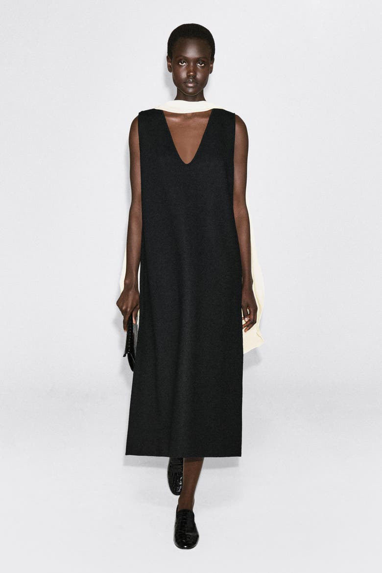 Boiled Wool-Blend V-Neck Midi Dress, Main, color, BLACK