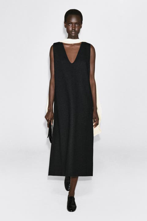 Boiled Wool-Blend V-Neck Midi Dress