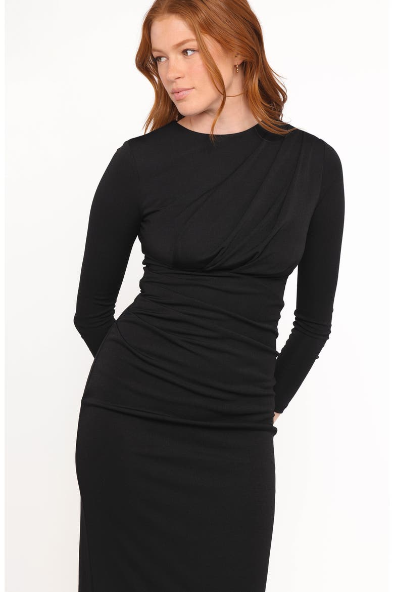 Rogan Ruched Long Sleeve Midi Dress, Alternate, color, BLACK