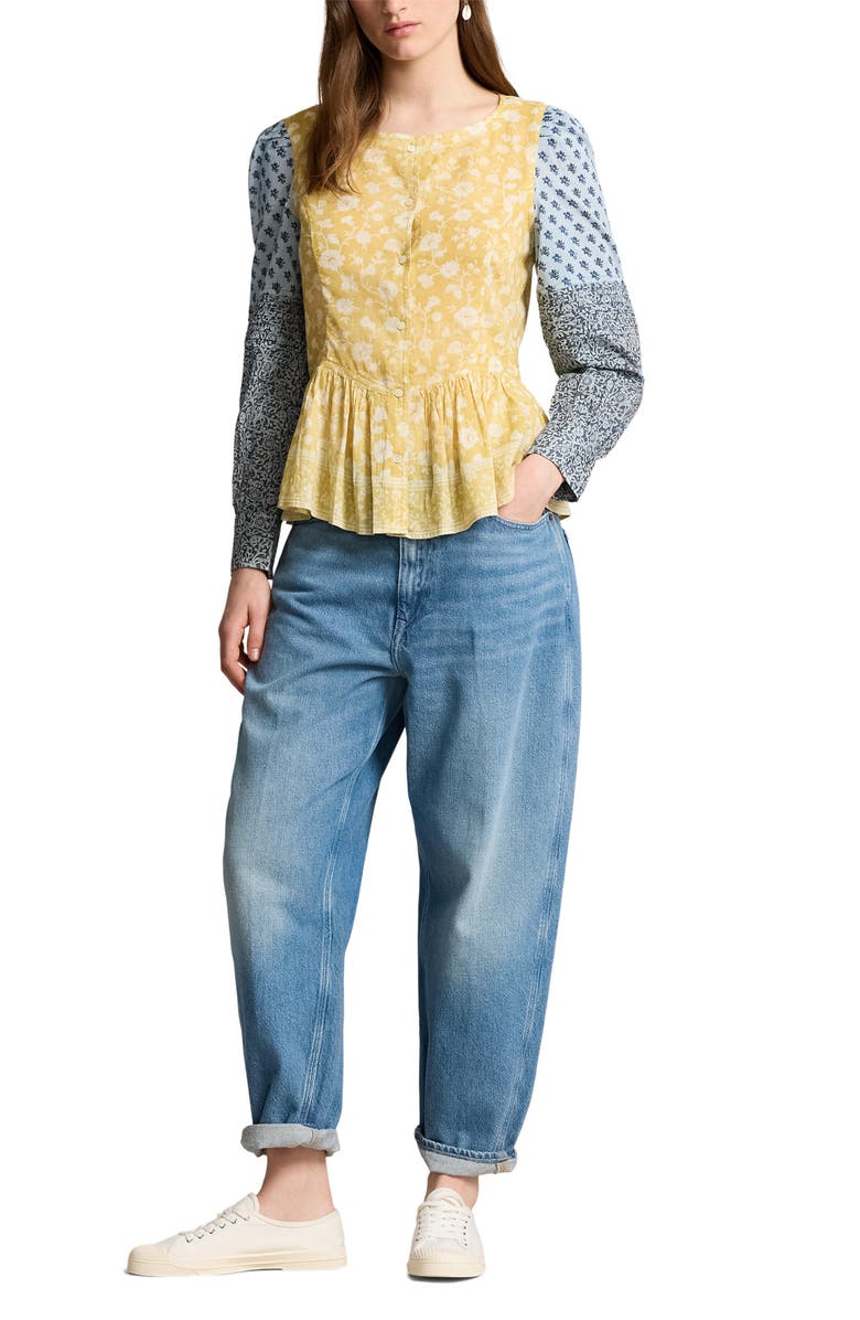 Polo Ralph Lauren Patchwork Long Sleeve Button-Up Peplum Top, Alternate, color, Woodblock Patchwork