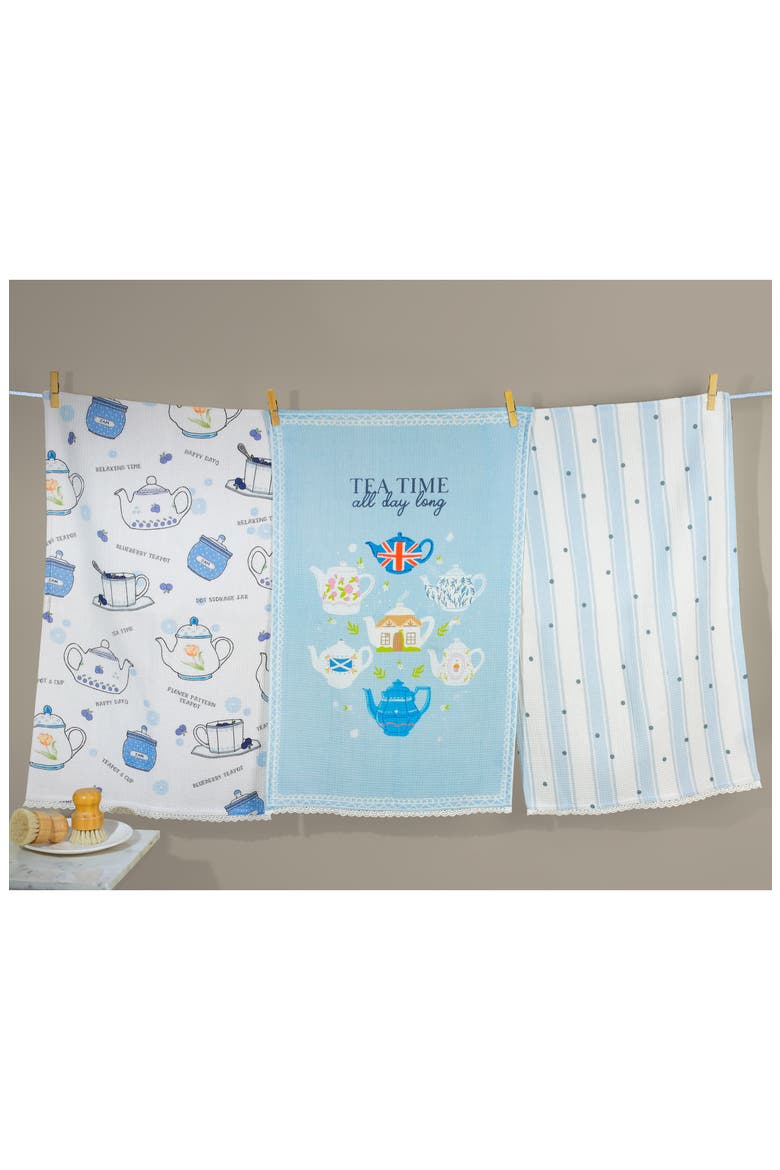 Set of Three English Tea Time Cottage Kitchen Towels, Alternate, color, LIGHT BLUE/ WHITE