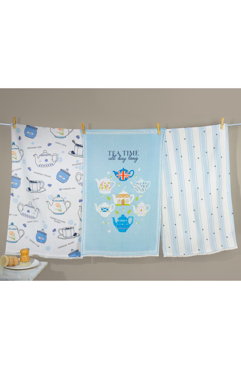 Tiramisu Set of Three English Tea Time Cottage Kitchen Towels, Alternate, color, Light Blue/ White