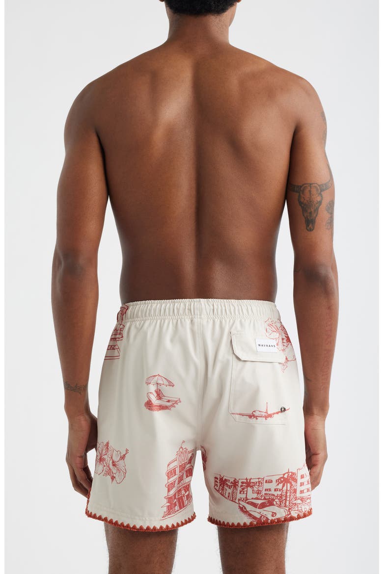 Ocean Drive Print Stitch Waterproof Swim Trunks, Alternate, color, RED
