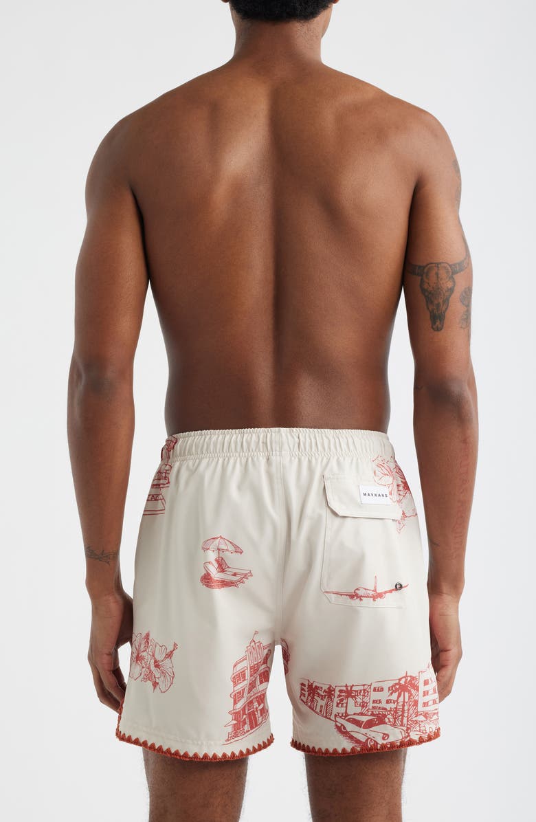 MAVRANS Ocean Drive Print Stitch Waterproof Swim Trunks, Alternate, color, Red