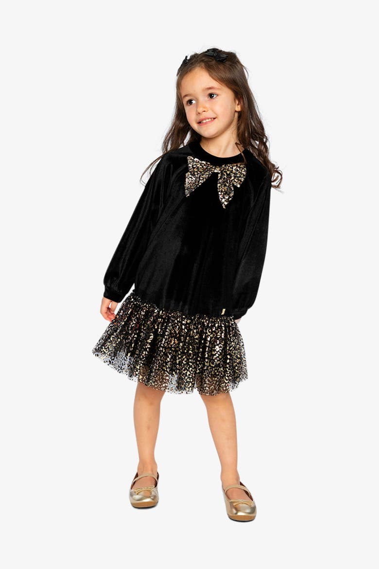 Bi-Material Raglan Sleeve Metallic Bow Dress, Alternate, color, Black and Gold