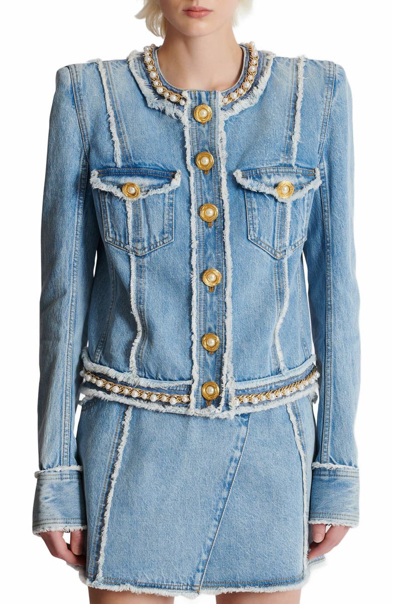 Balmain Denim Jacket With Pearl Trim, Alternate, color, Blue