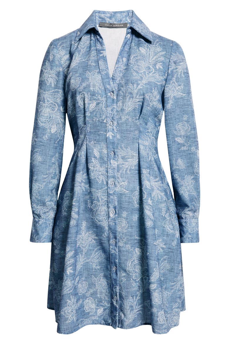 Floral Pleated Waist Long Sleeve Shirtdress, Alternate, color, BLUE