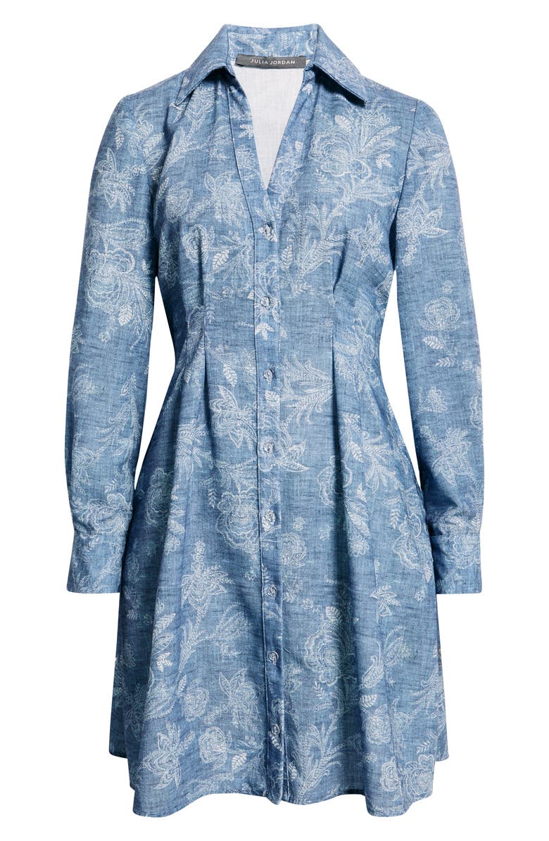Julia Jordan Floral Pleated Waist Long Sleeve Shirtdress, Alternate, color, Blue