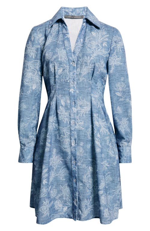 Julia Jordan Floral Pleated Waist Long Sleeve Shirtdress In Blue