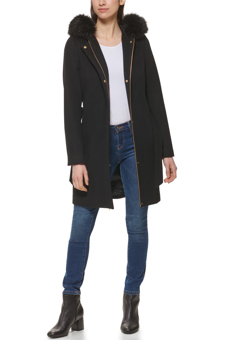 Faux Fur Trim Wool Blend Jacket, Alternate, color, BLACK