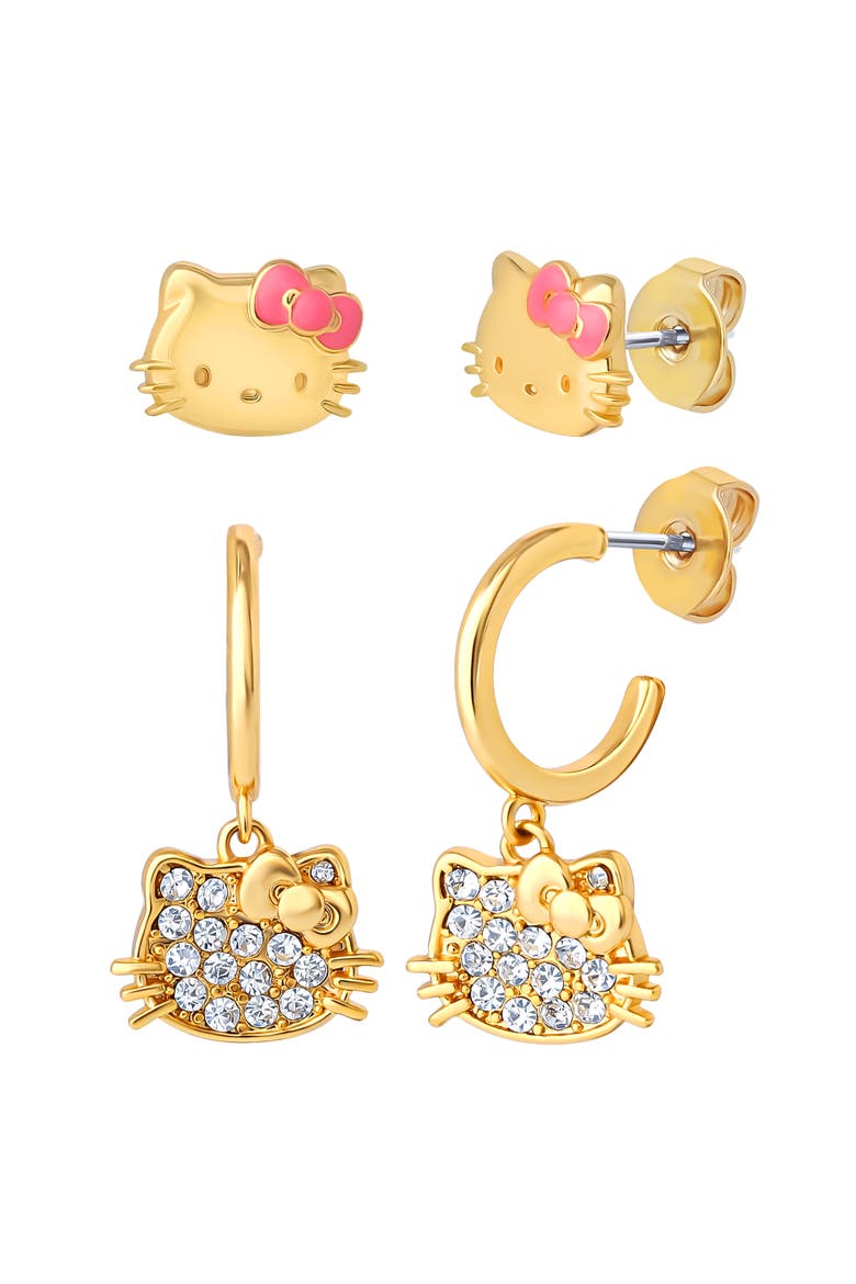 Earring Set, 2-Pair, Gold-Tone Studs & Pavé Dangle Hoops, Main, color, Gold Tone