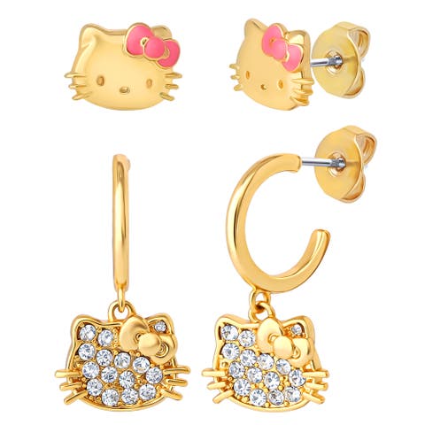 Earring Set, 2-Pair, Gold-Tone Studs 
Pavé Dangle Hoops