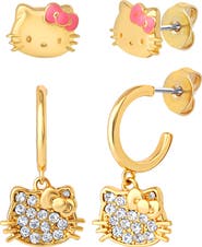Hello Kitty Earring Set, 2-Pair, Gold-Tone Studs & Pavé Dangle Hoops