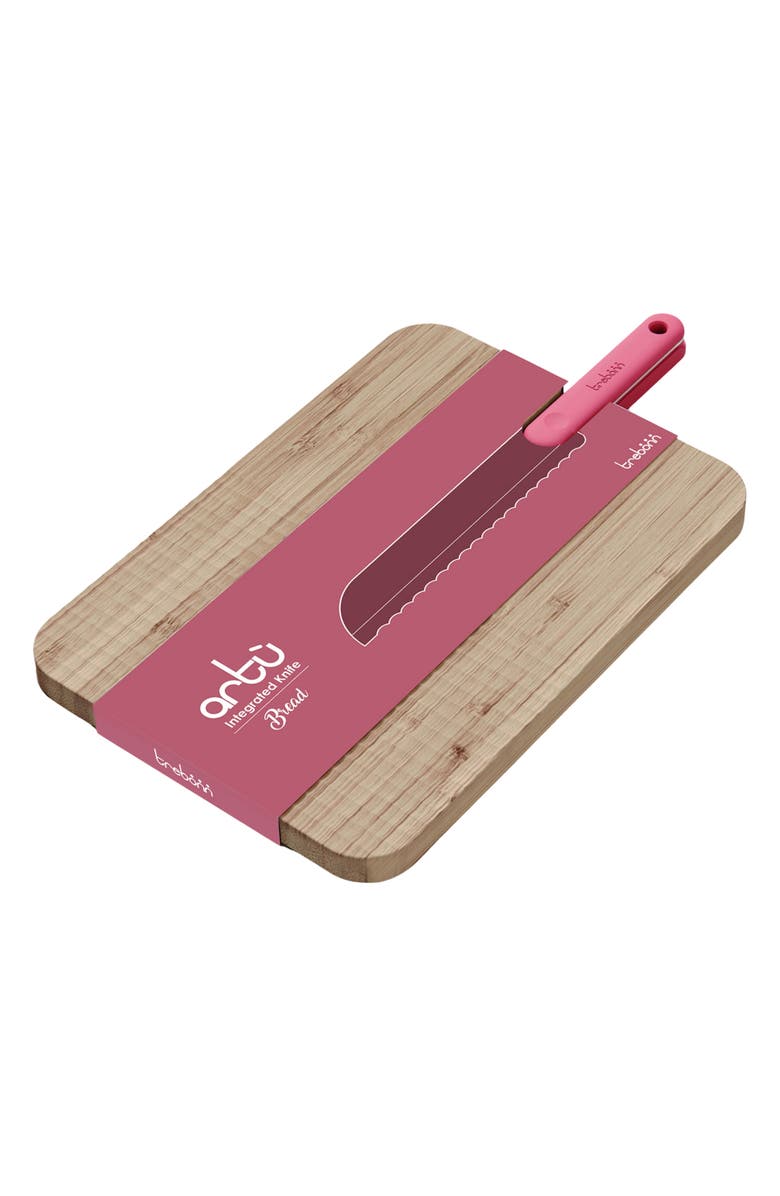 TREBONN Bamboo Chopping Board with Serrated Bread Knife, Alternate, color, Pink