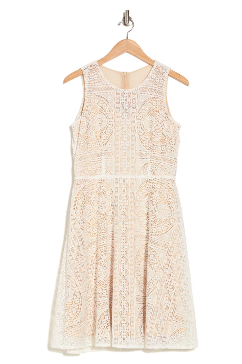 Lace Medallion Fit & Flare Dress, Alternate, color, IVORY/ NUDE