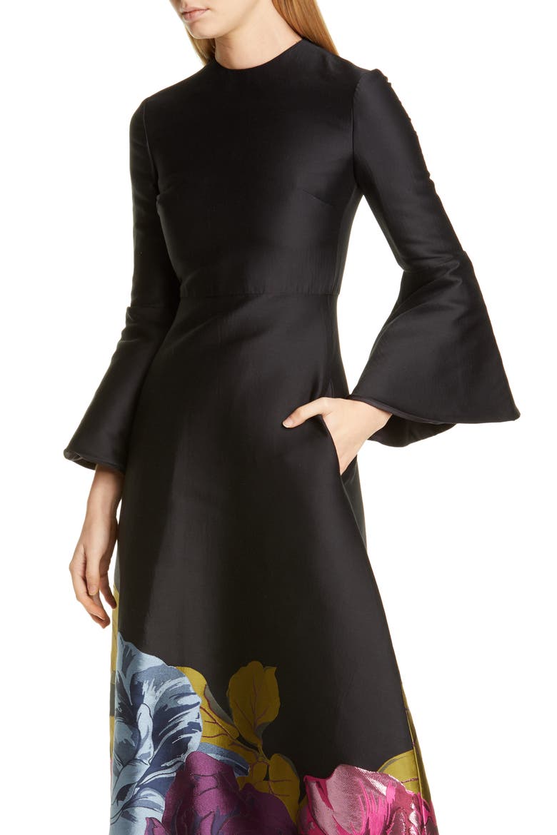 Long Sleeve Metallic Floral Brocade Tea Length Dress, Alternate, color, MULTICOLOR