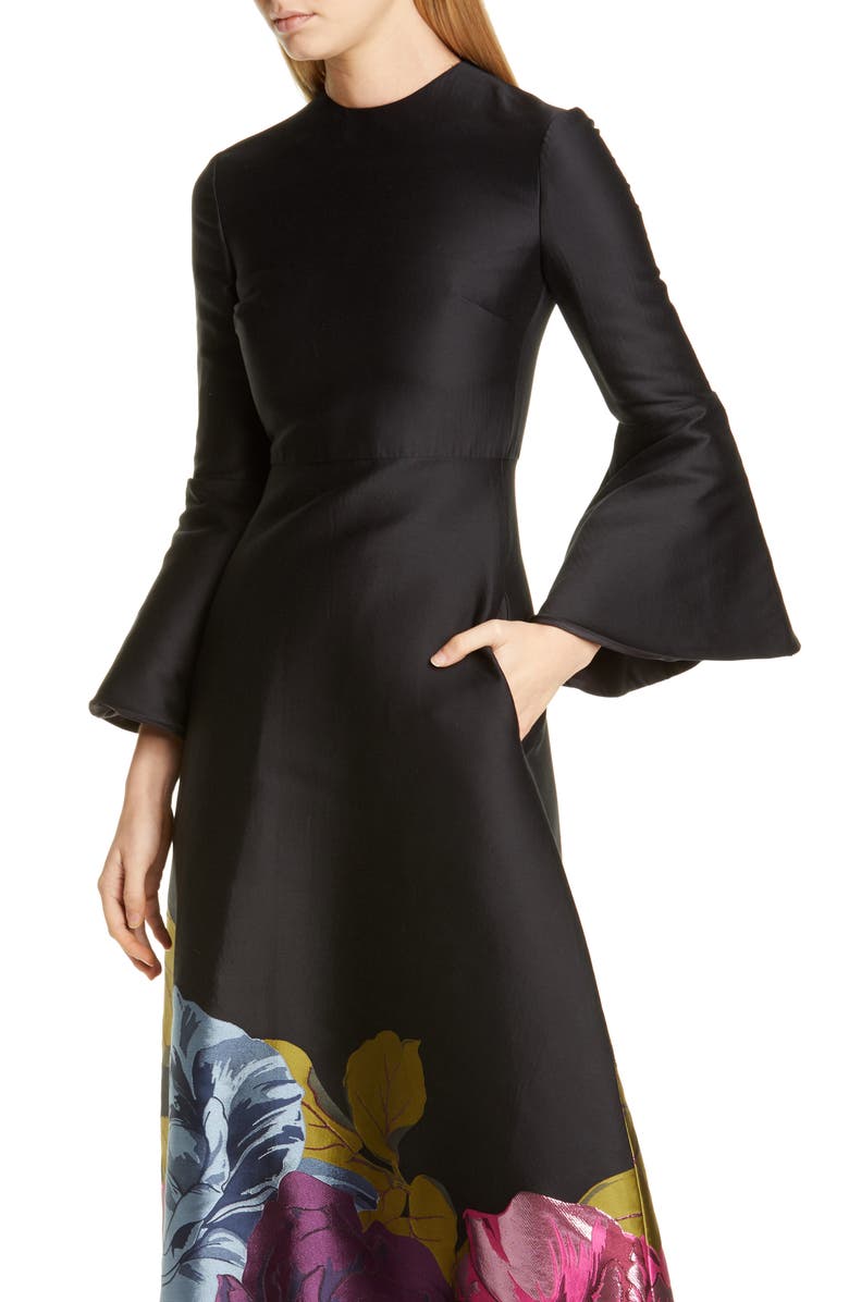 Valentino Long Sleeve Metallic Floral Brocade Tea Length Dress, Alternate, color, 