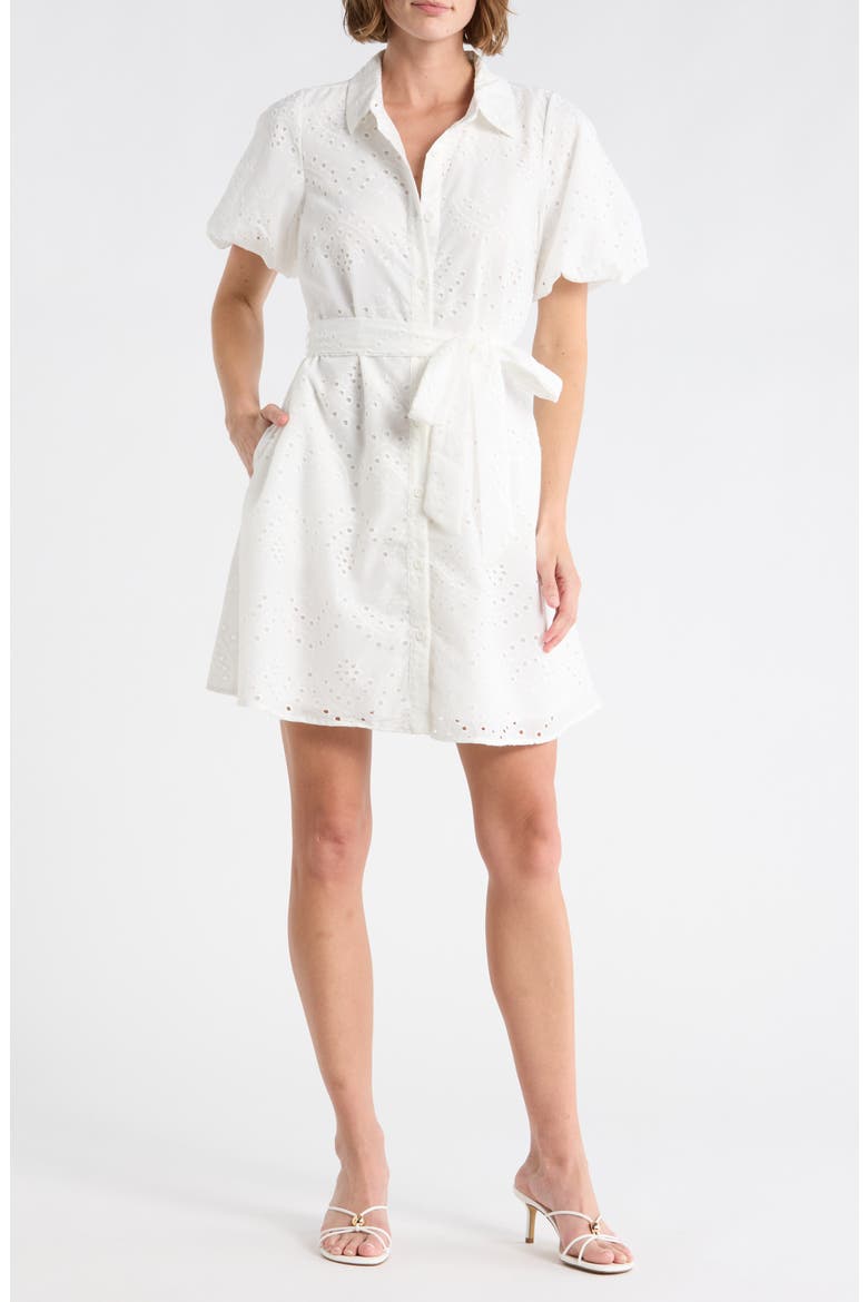 Eyelet Puff Sleeve Shirtdress, Main, color, WHITE
