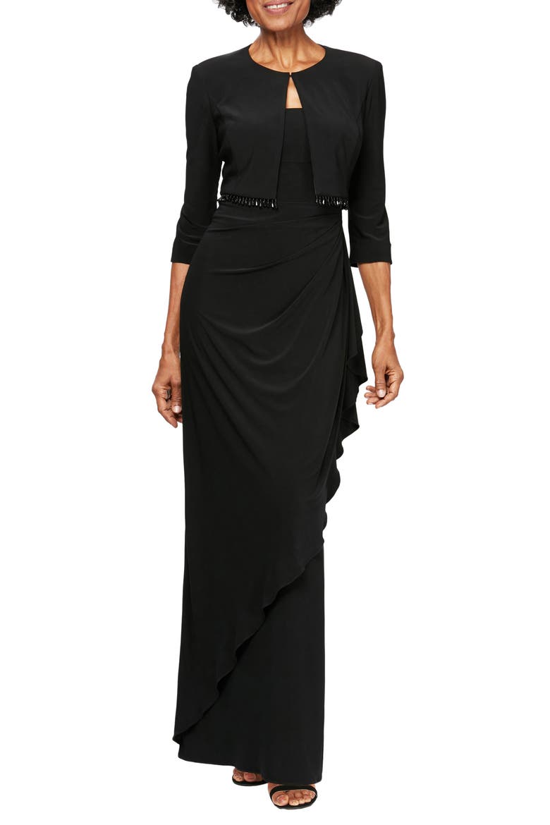 Ruched Gown with Bolero, Main, color, BLACK