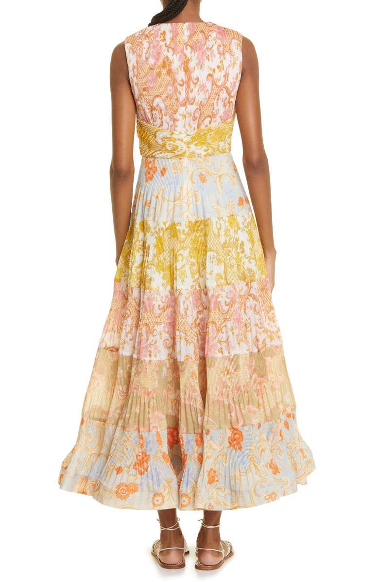Zimmermann Postcard Pleat Patchwork Midi Dress, Alternate, color, 