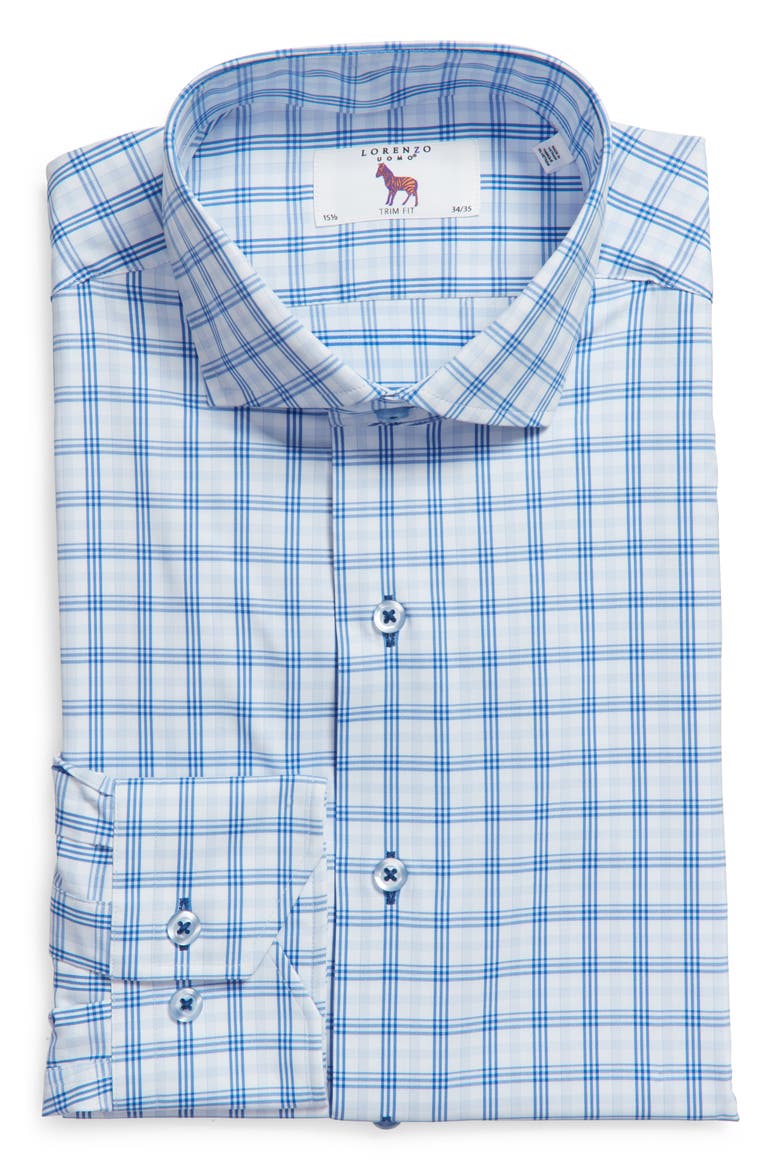Trim Fit Textured Check Stretch Dress Shirt, Alternate, color, LIGHT BLUE