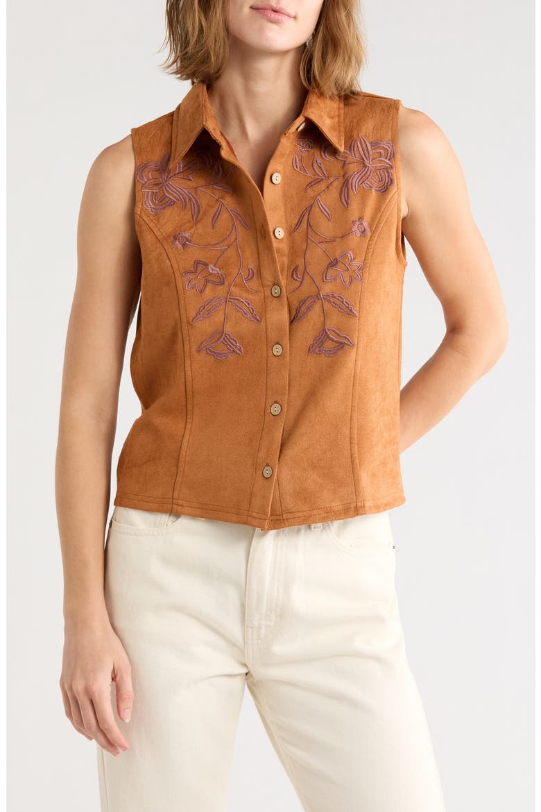 Embroidered Faux Suede Button Front Tank, Main, color, CAMEL