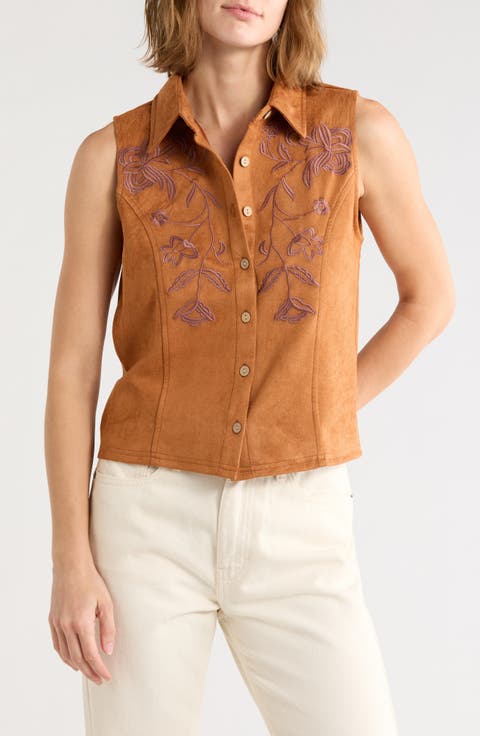 Embroidered Faux Suede Button Front Tank