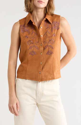 Embroidered Faux Suede Button Front Tank