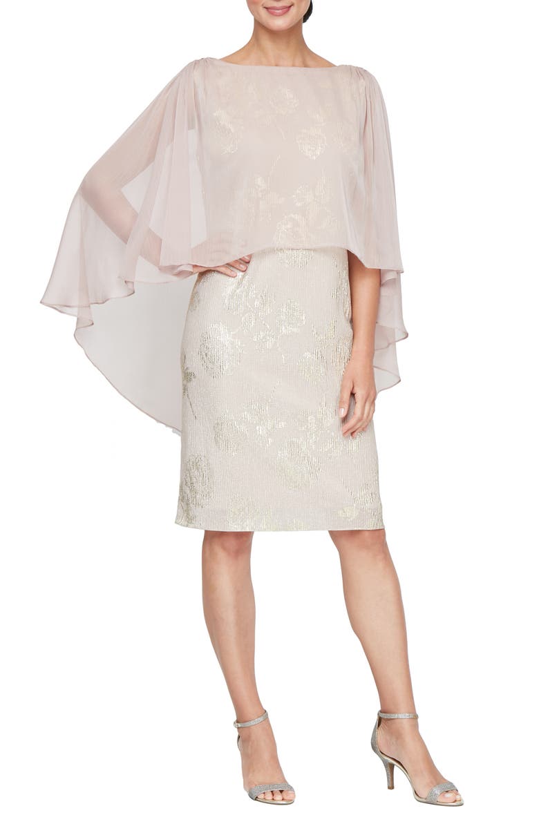 SL FASHIONS Foil Chiffon Capelet Cocktail Dress, Main, color, 
