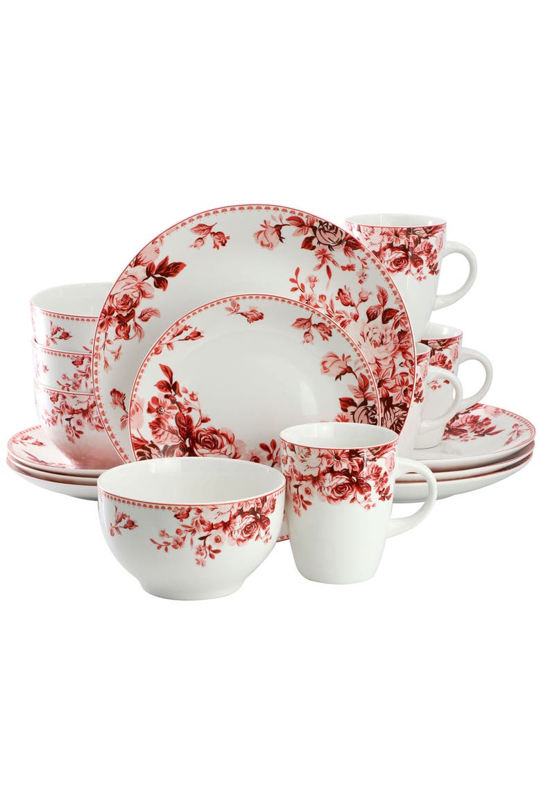 Traditional  Rose 16 Piece Stoneware Dinnerware Set, Main, color, Red